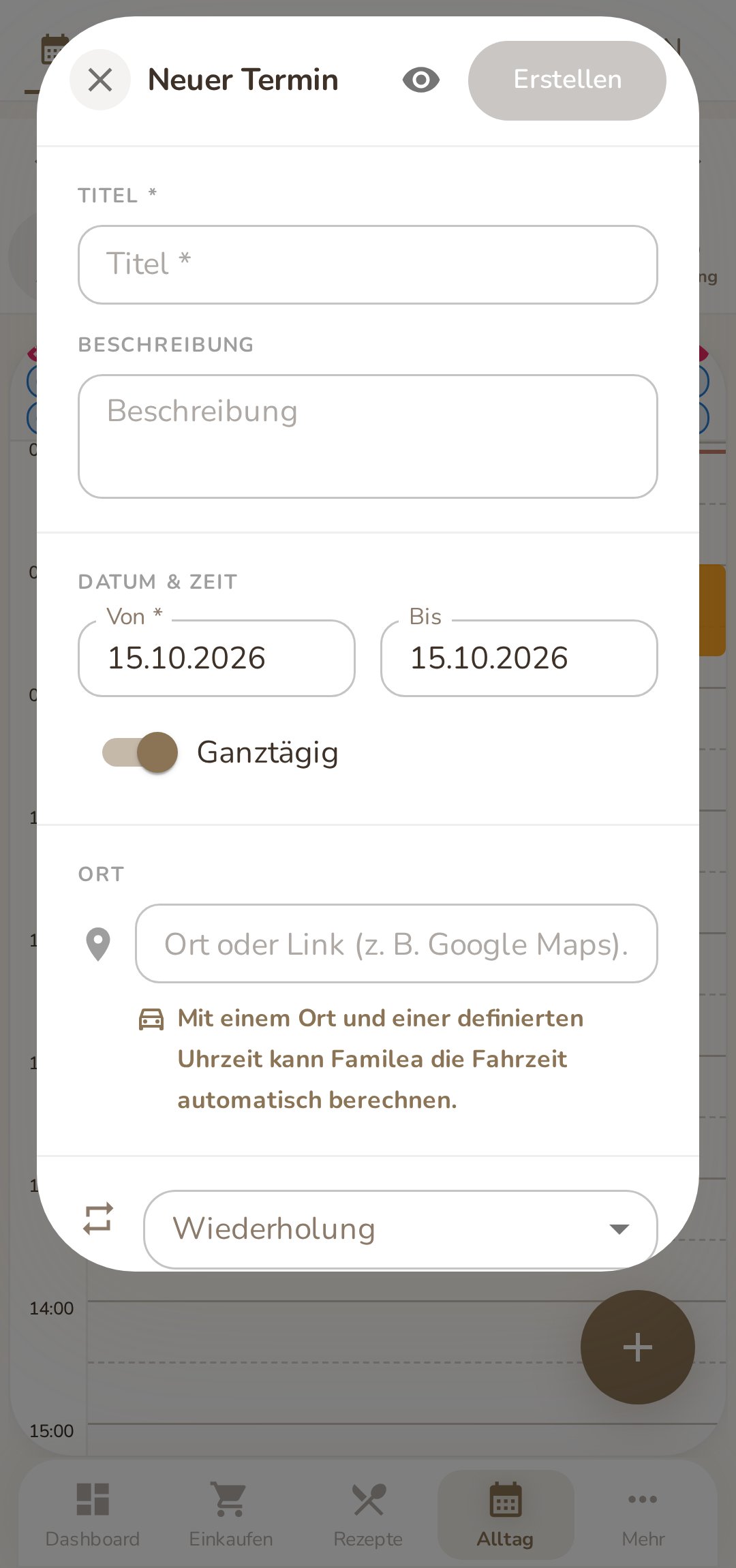Dialog Neuer Termin in Familea mit Feldern für Titel, Beschreibung, Datum und Zeit sowie Ort; unter dem Ortsfeld der Hinweis, dass Familea mit einem Ort und einer Uhrzeit die Fahrzeit automatisch berechnen kann.