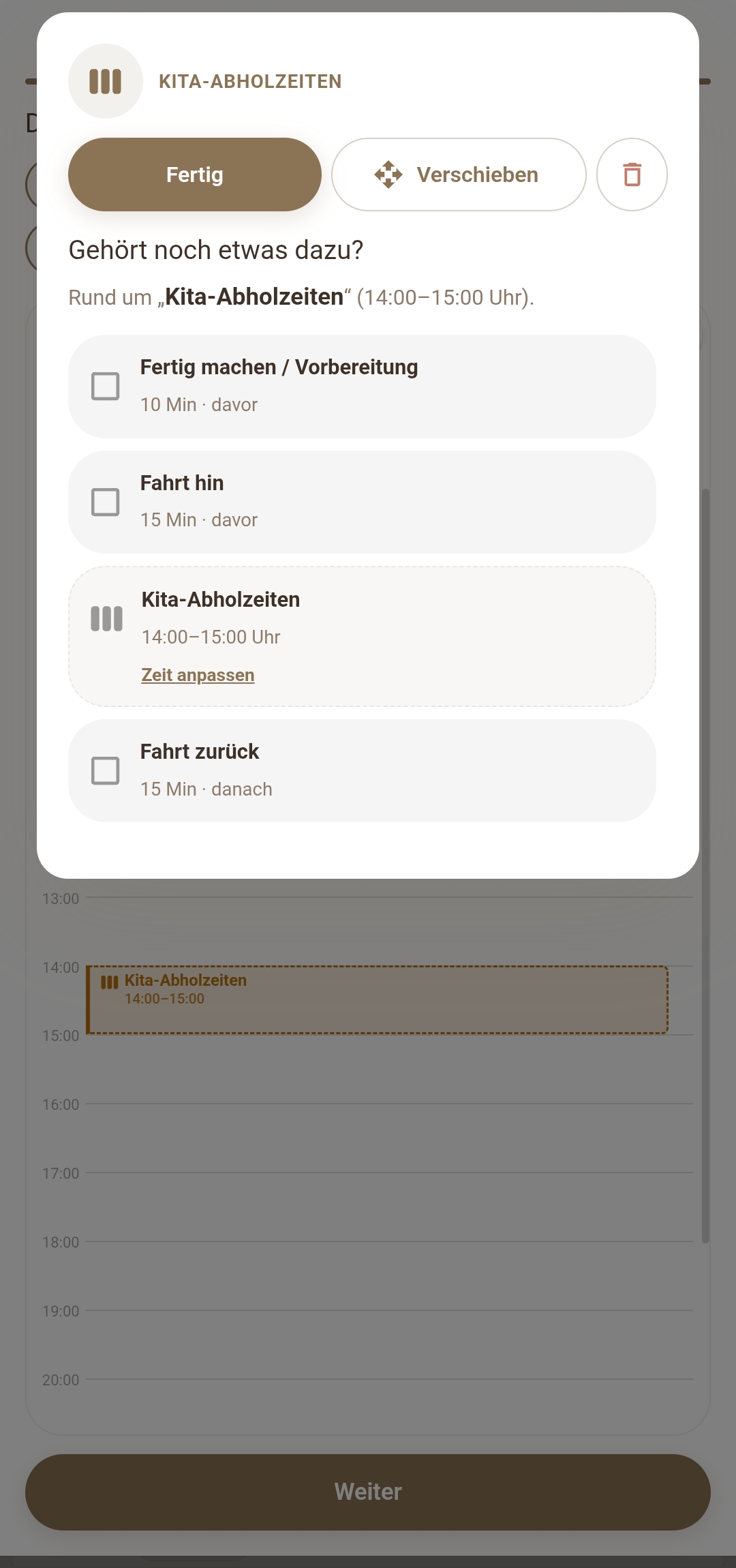 Detailansicht eines Termins im Familea-Kalender: Vorschläge für Fertig machen/Vorbereitung, Fahrt hin und Fahrt zurück rund um die Kita-Abholzeiten.