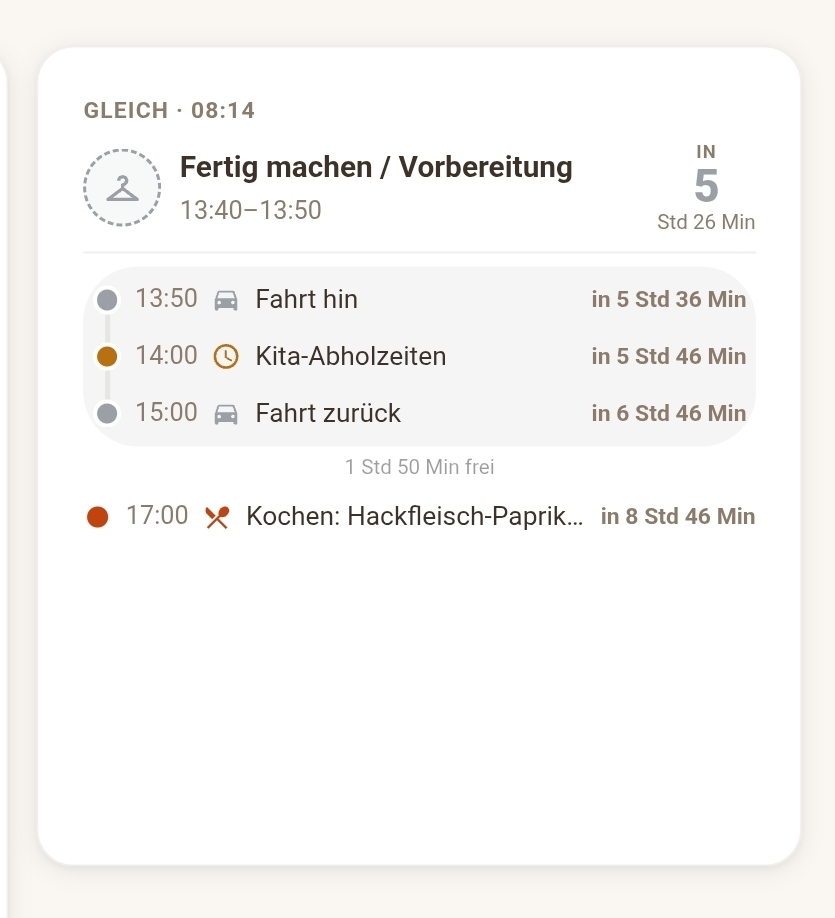 Widget 'Was steht an' auf dem Familea-Dashboard: nächster Block 'Fertig machen / Vorbereitung' mit Restzeit-Countdown, darunter die Zeitleiste der folgenden Punkte.