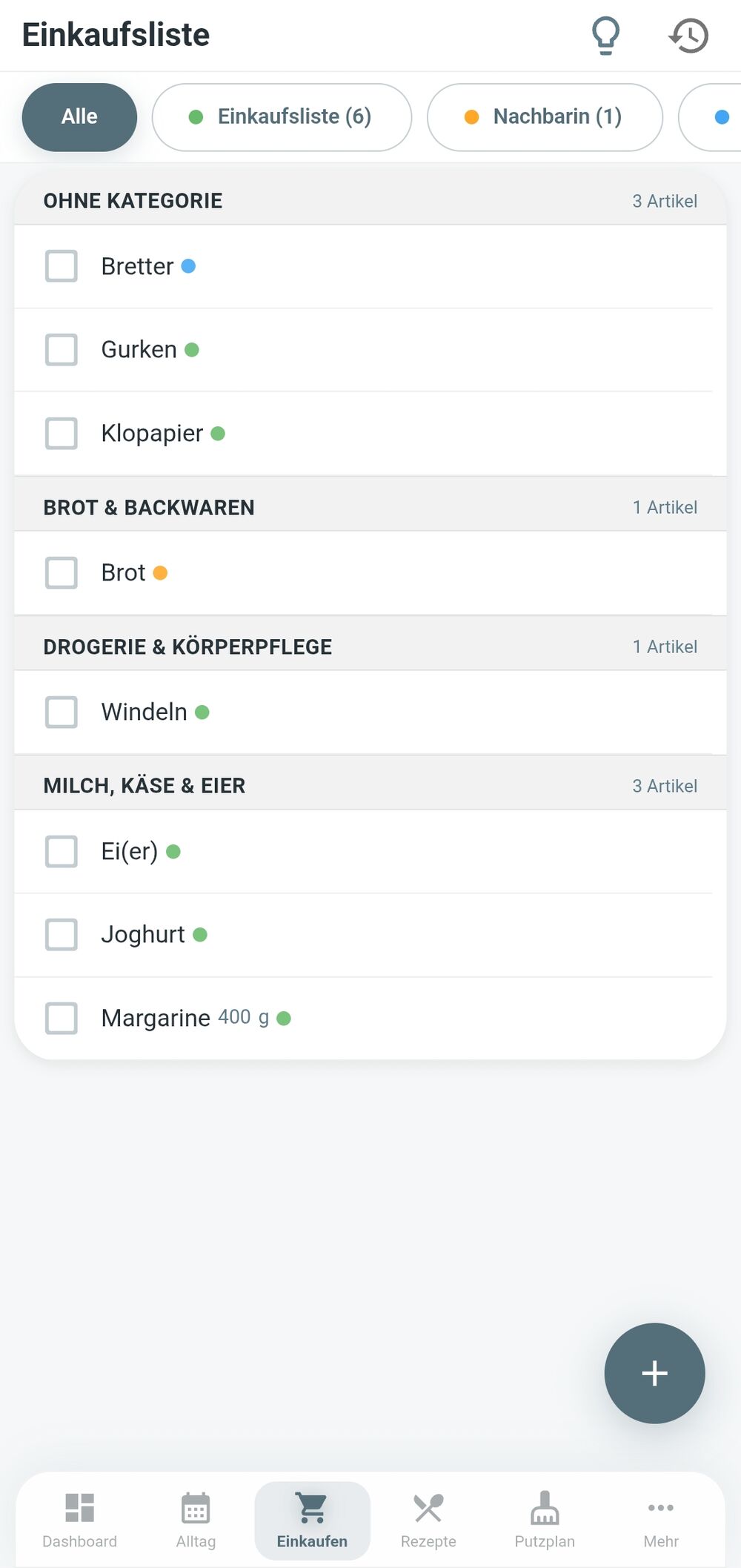 Einkaufsliste in Familea: die Artikel sind nach Kategorien wie 'Brot & Backwaren', 'Drogerie & Körperpflege' und 'Milch, Käse & Eier' gruppiert, oben Reiter für mehrere Listen.
