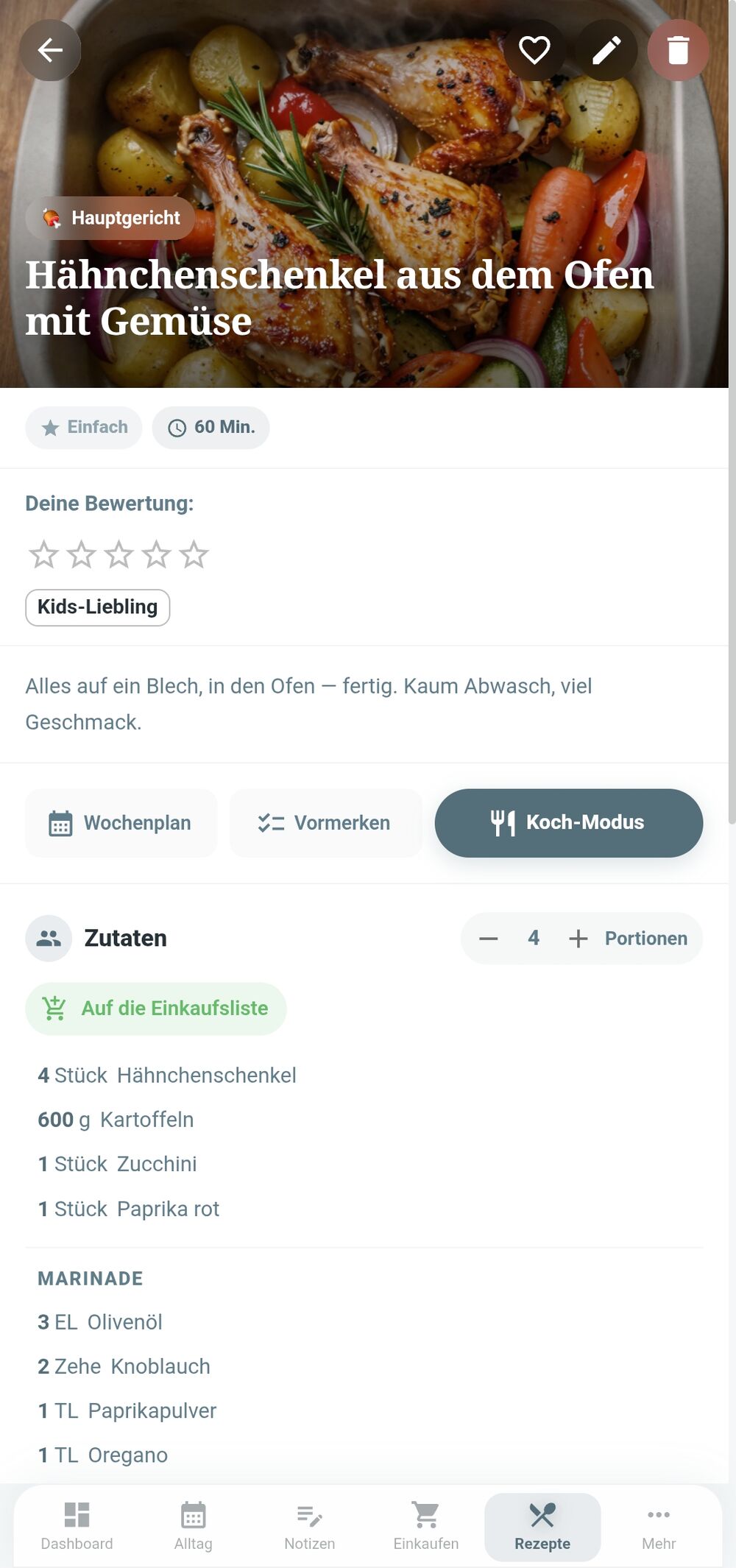 Rezeptansicht in Familea: Schaltflächen für Wochenplan, Vormerken und Koch-Modus, darunter die Zutatenliste mit Portionen-Regler auf 4 und der Schaltfläche 'Auf die Einkaufsliste'.