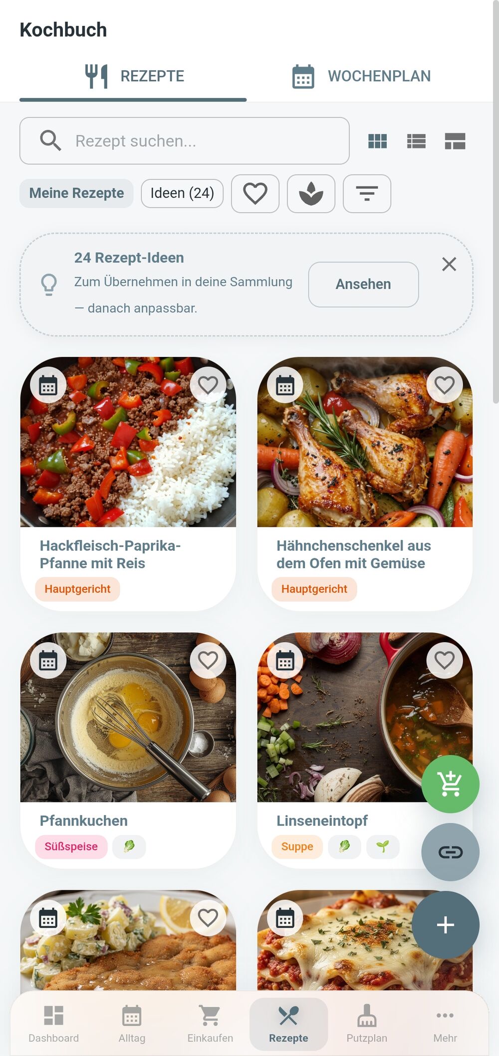 Rezepteübersicht im Familea-Kochbuch: Rezeptkarten mit Foto, Kategorie-Chip, Herz-Symbol für Favoriten und Kalendersymbol zum Vormerken für den Wochenplan.