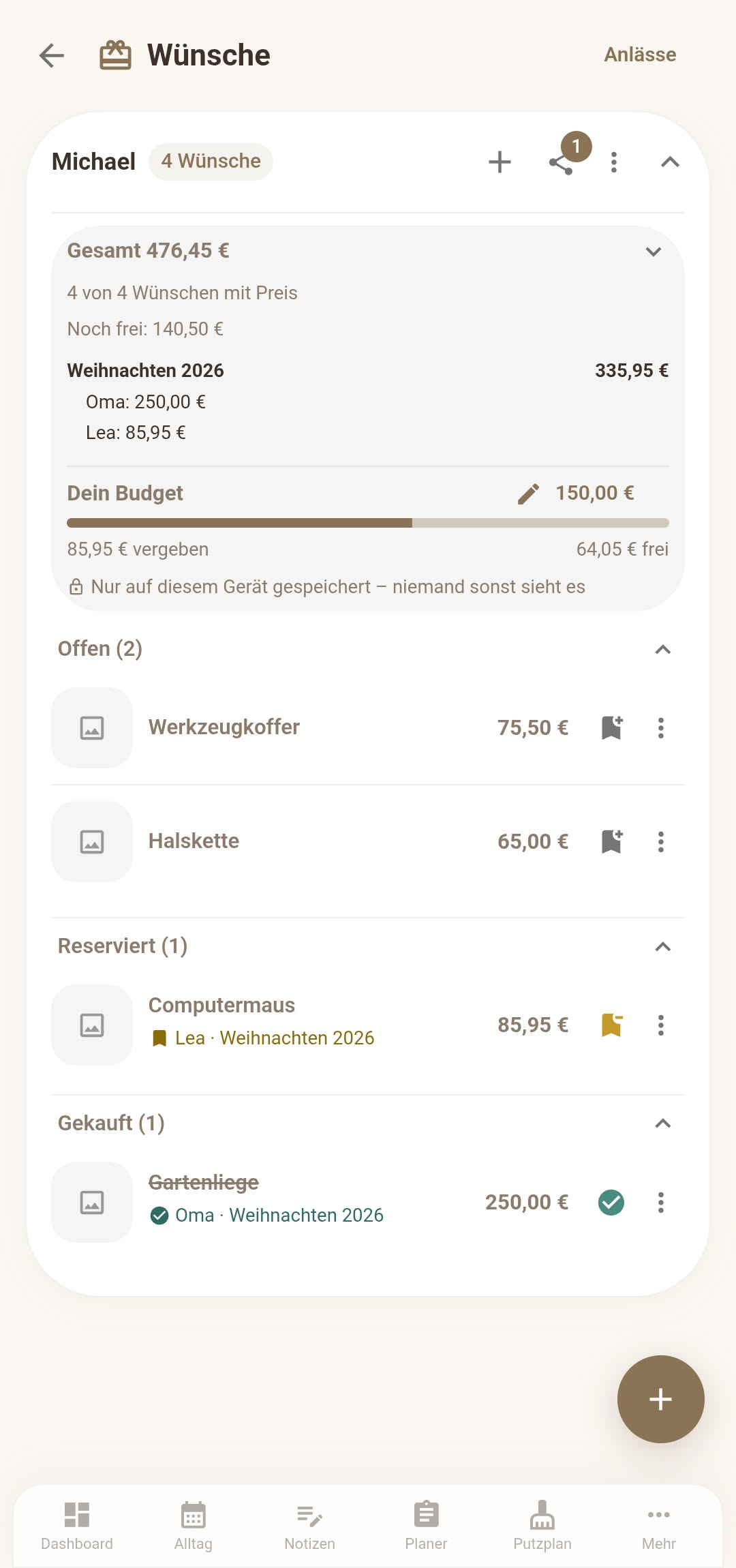 Wunschliste von Michael in Familea: Gesamtsumme 476,45 €, eigenes Budget von 150 € mit Fortschrittsbalken, darunter die Abschnitte Offen, Reserviert und Gekauft mit Anlass 'Weihnachten 2026' bei den jeweiligen Wünschen.