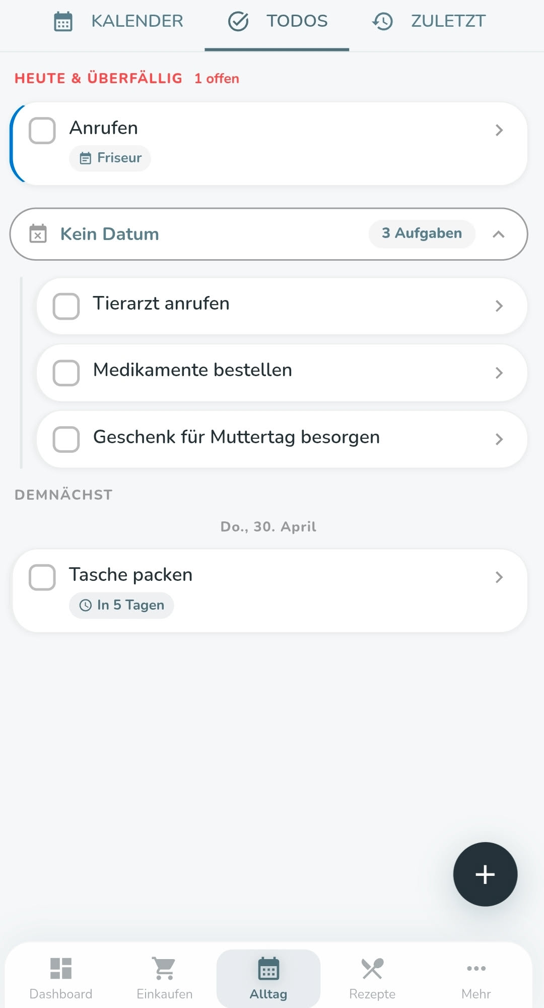Todos im Alltag-Modul in der Familea App