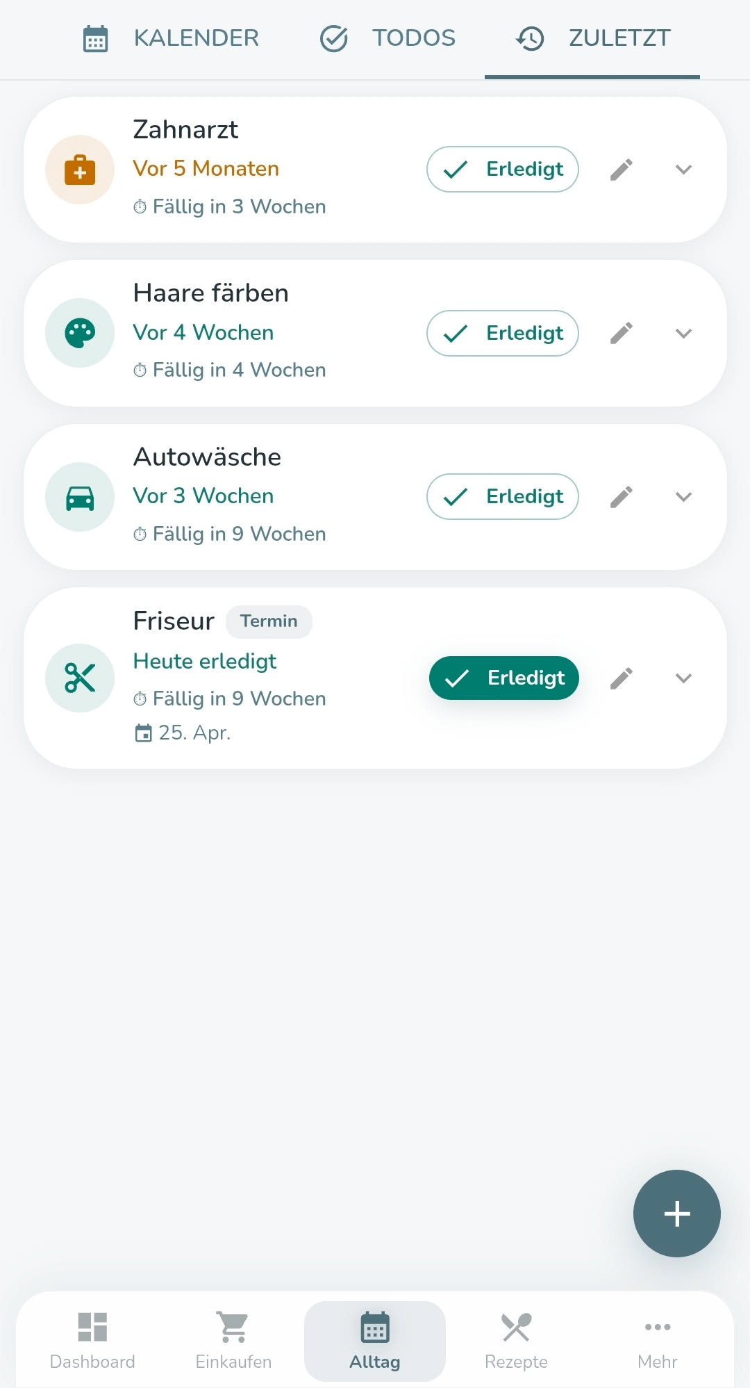 Zuletzt-Tracker im Alltag-Modul in der Familea App