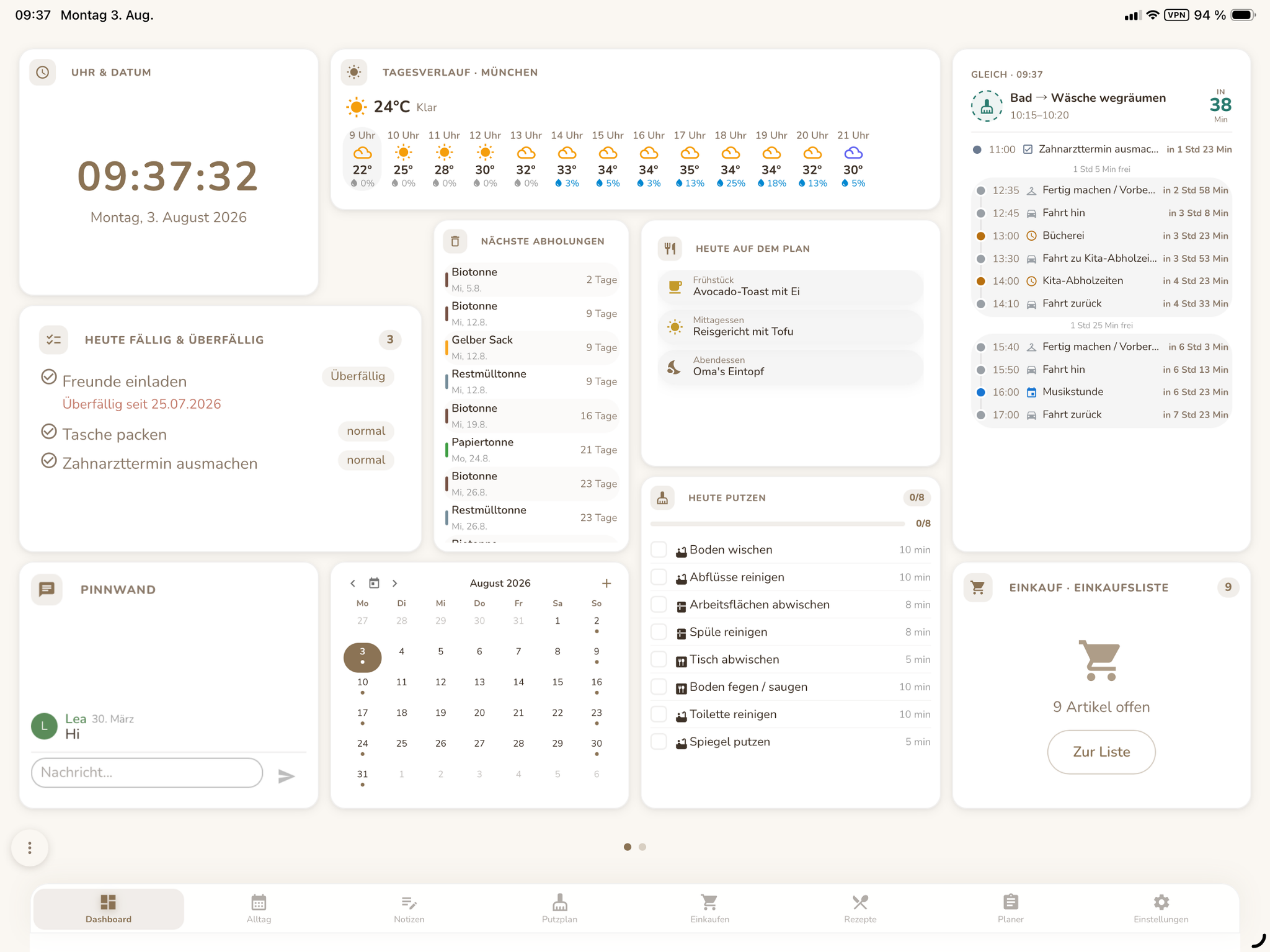Familientablet-Dashboard in Familea