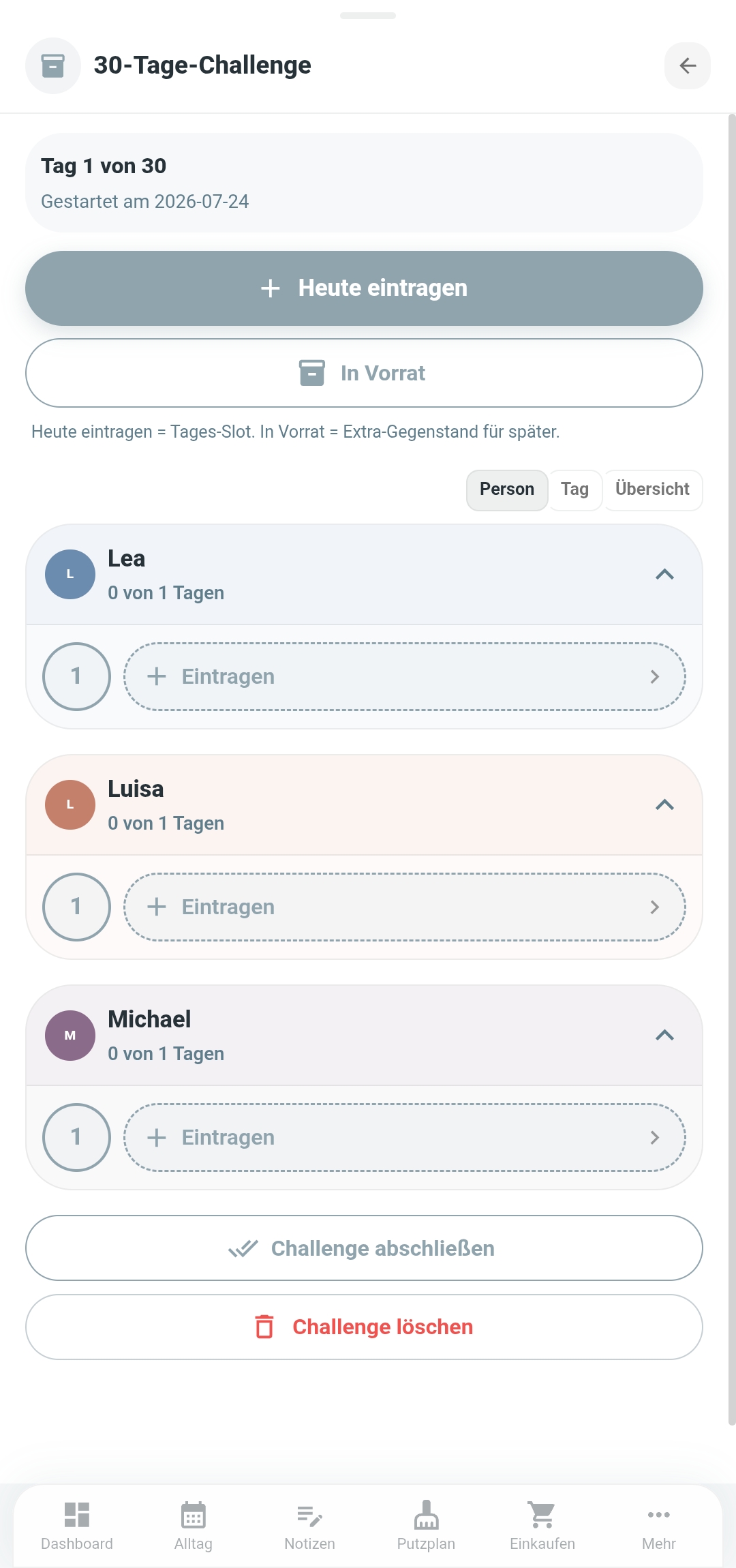 Putzplan-Challenge / Gamification in der Familea App