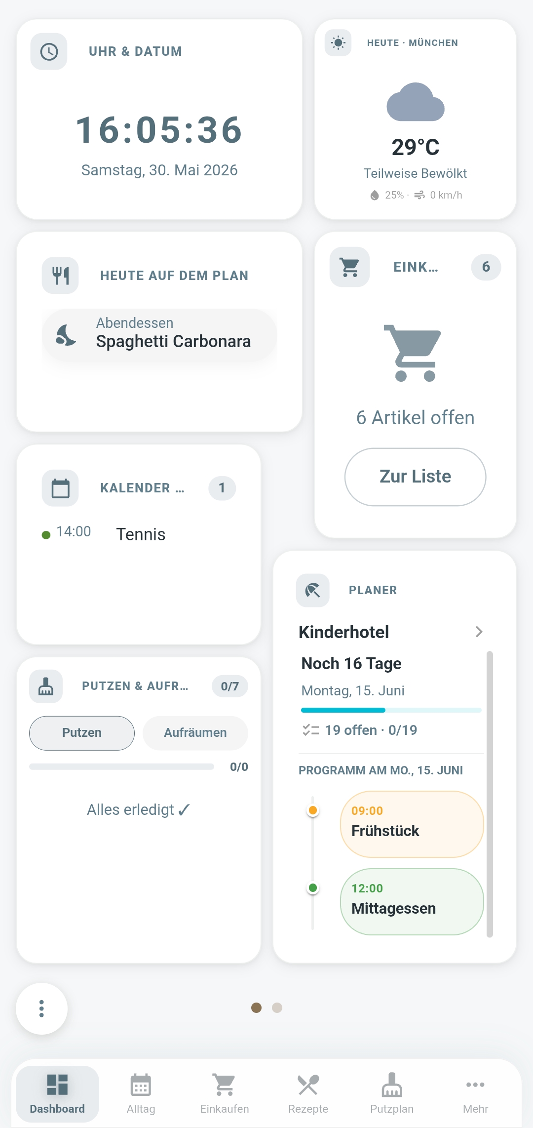 Familea Dashboard mit Widgets